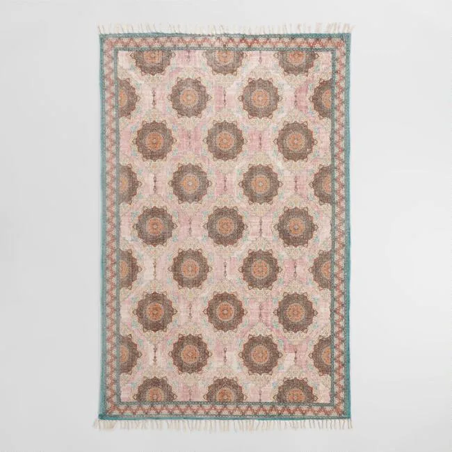 Blush And Teal Floral Medallion Print Karima Area Rug