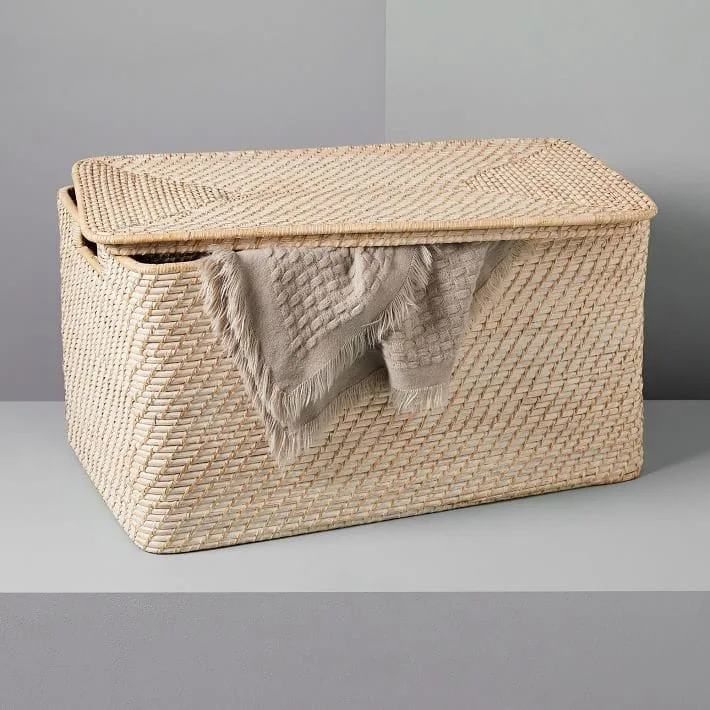 Modern Weave Lidded Storage Basket - Whitewashed