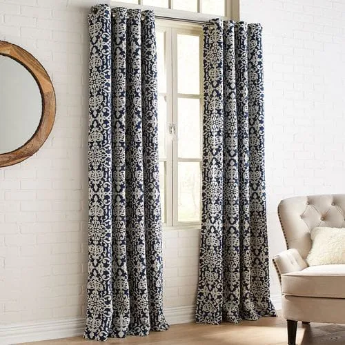 Chenille Damask Navy Grommet Curtain