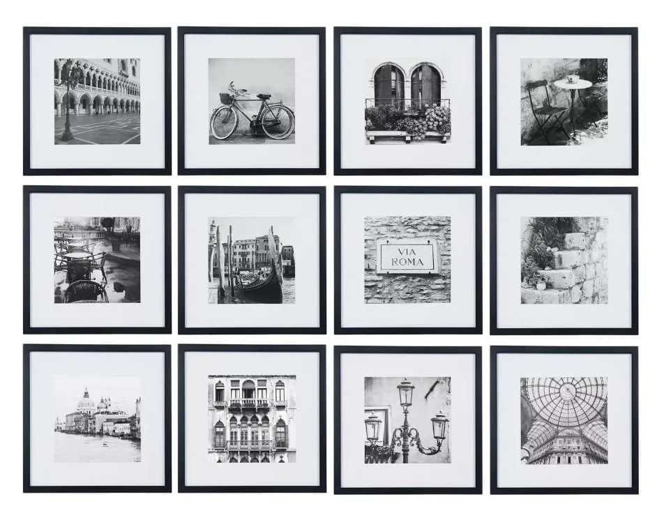 12 Piece 12X12 Black Frame Kit, Matted To 8X8 - Gallery Perfect
