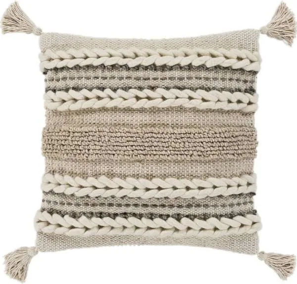 Textural 30 x 30 Beige Tassel Woven Wool Stripe Oversized Pillow + Down Insert