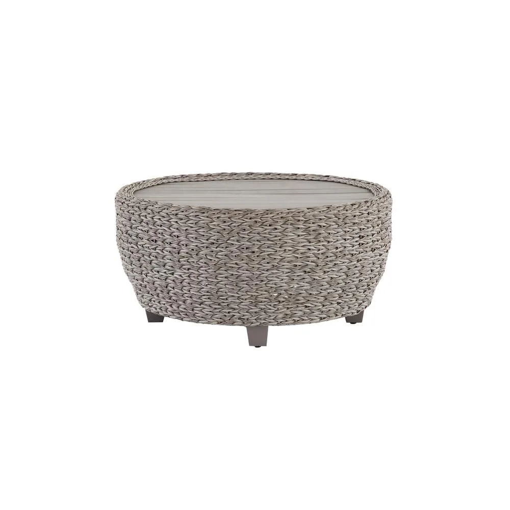 Megan Grey All-Weather Wicker Patio 36 in. Large Round Coffee Table with Slatted Wood Top