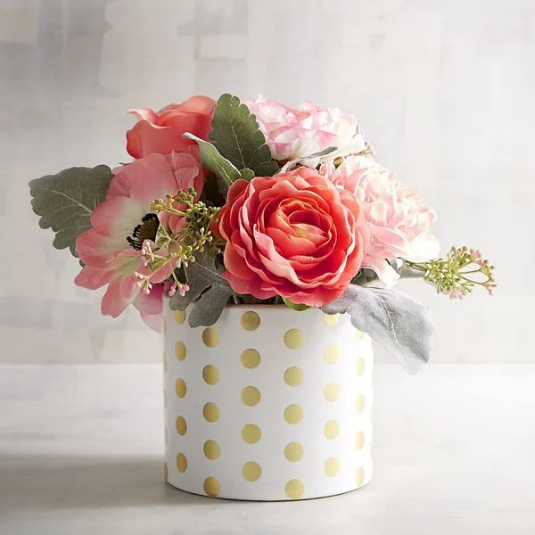 Faux Floral Arrangement in Polka-Dot Pot