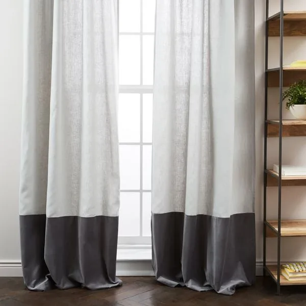 Belgian Flax Linen Velvet Colorblock Curtain - Platinum/Iron