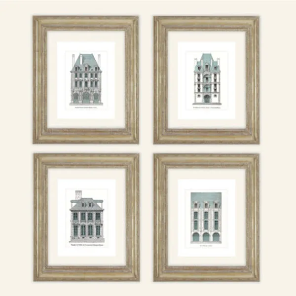 4 Set of French Architectural Illustrations with Blue Details Archival Quality Prints
