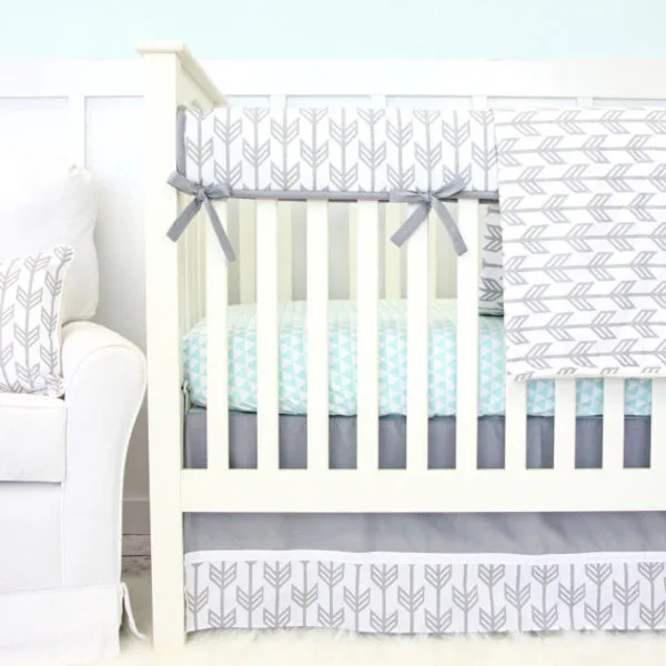 Gray Arrow Bumperless Crib Bedding | Gray, Mint, and White Baby bedding set