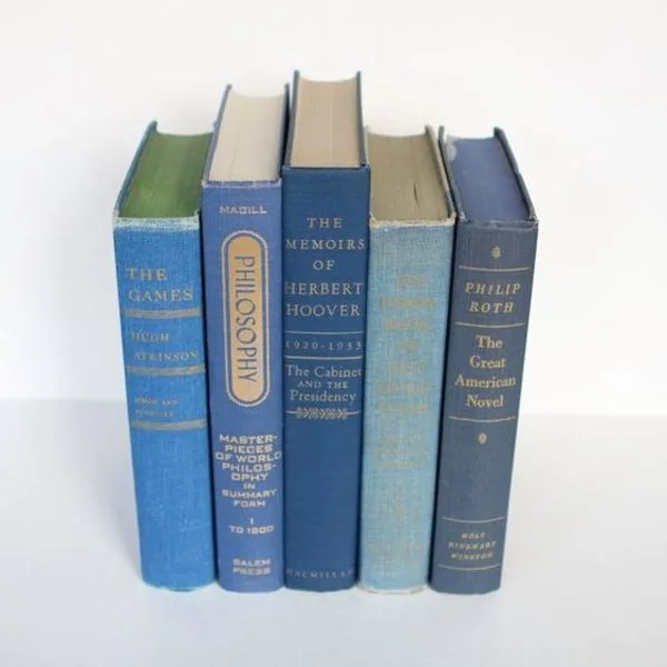 Vintage book set, blue and gold book stack, 1950's-1970's