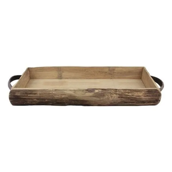 Wooden Bark Accent Tray with Metal Handles