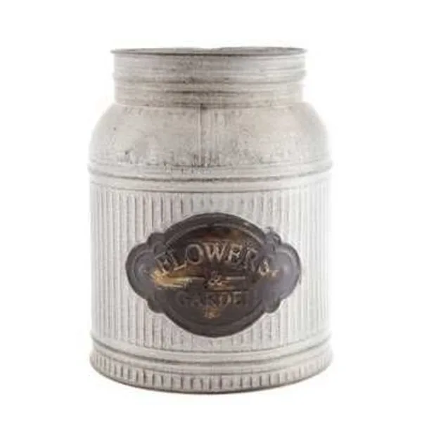 Large Galvanized Metal Jar with Label