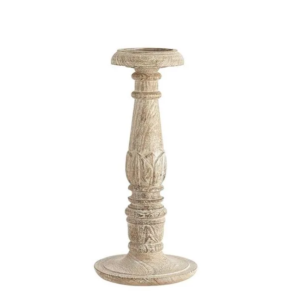 CARVED PILLAR HOLDER, NATURAL DISTRESSED WOOD, MEDIUM