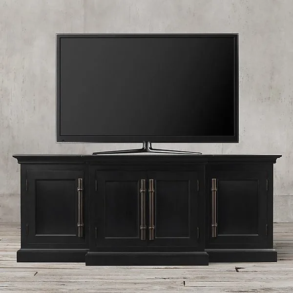 20TH C. ENGLISH BRASS BAR PULL 80" PANEL MEDIA CONSOLE-Waxed Black
