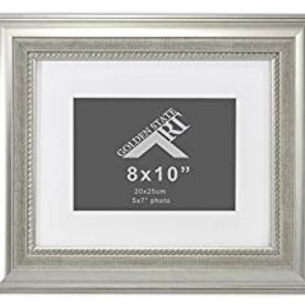 Golden State Art 8x10 Frame with White Mat for 5x7 Picture, Table-Top Easel Stand, Real Glass, Color Champagne Silver