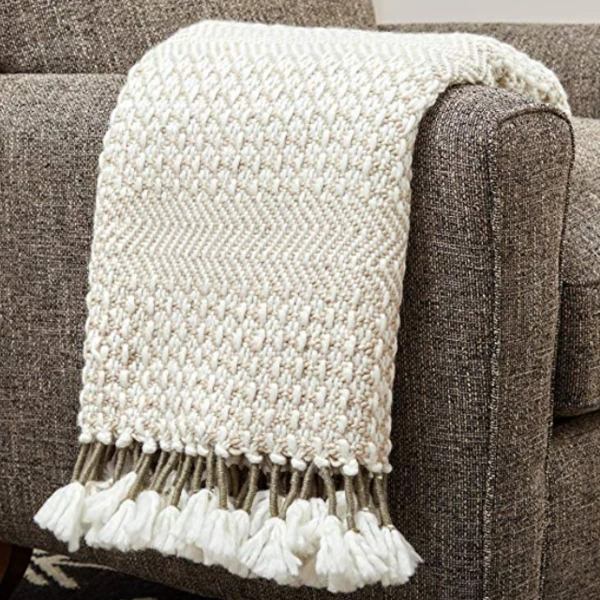 Rivet Modern Hand-Woven Stripe Fringe Throw Blanket, Soft and Stylish, 50" x 60", Tan, Ivory